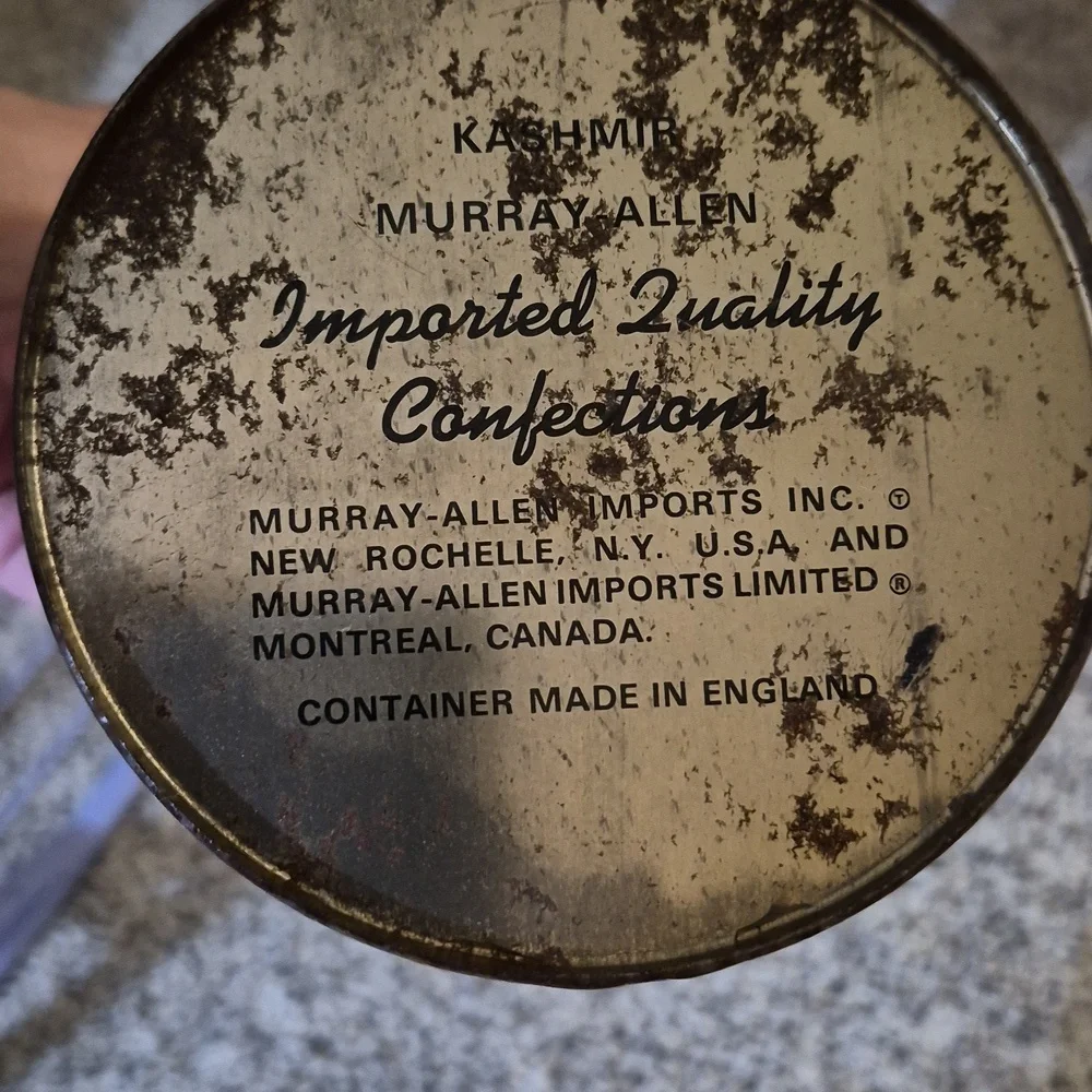 Vintage Murray-Allen Confections Kashmir Metal Tin w/ Lid & Handle Blue & Gold